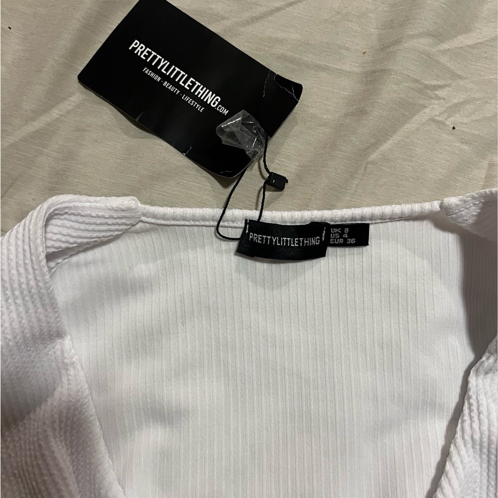 PLT white cutout detail crop top | scoop neck long sleeve rib knit white top NWT - Picture 7 of 9